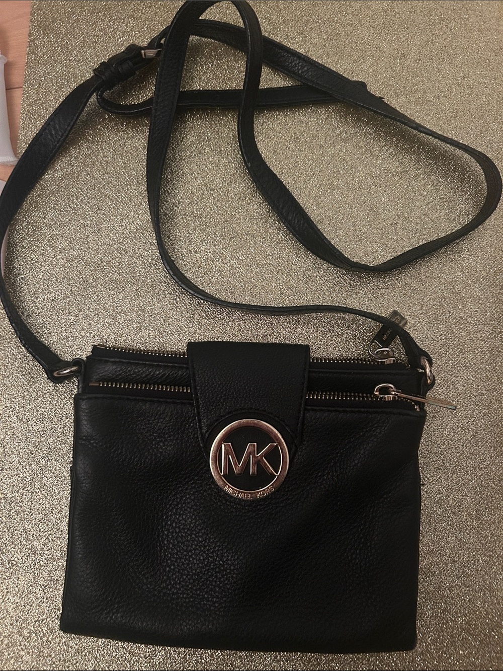 Michael Kors Black Leather Crossbody with Gold MK Emblem